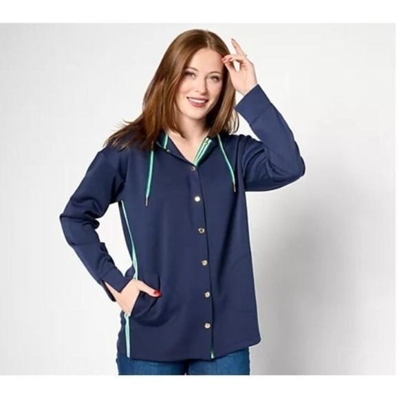 Isaac Mizrahi Live! Regular Clubhouse Scuba Knit Snap Front Tunic w/ Hood - 3XL - Picture 4 of 6